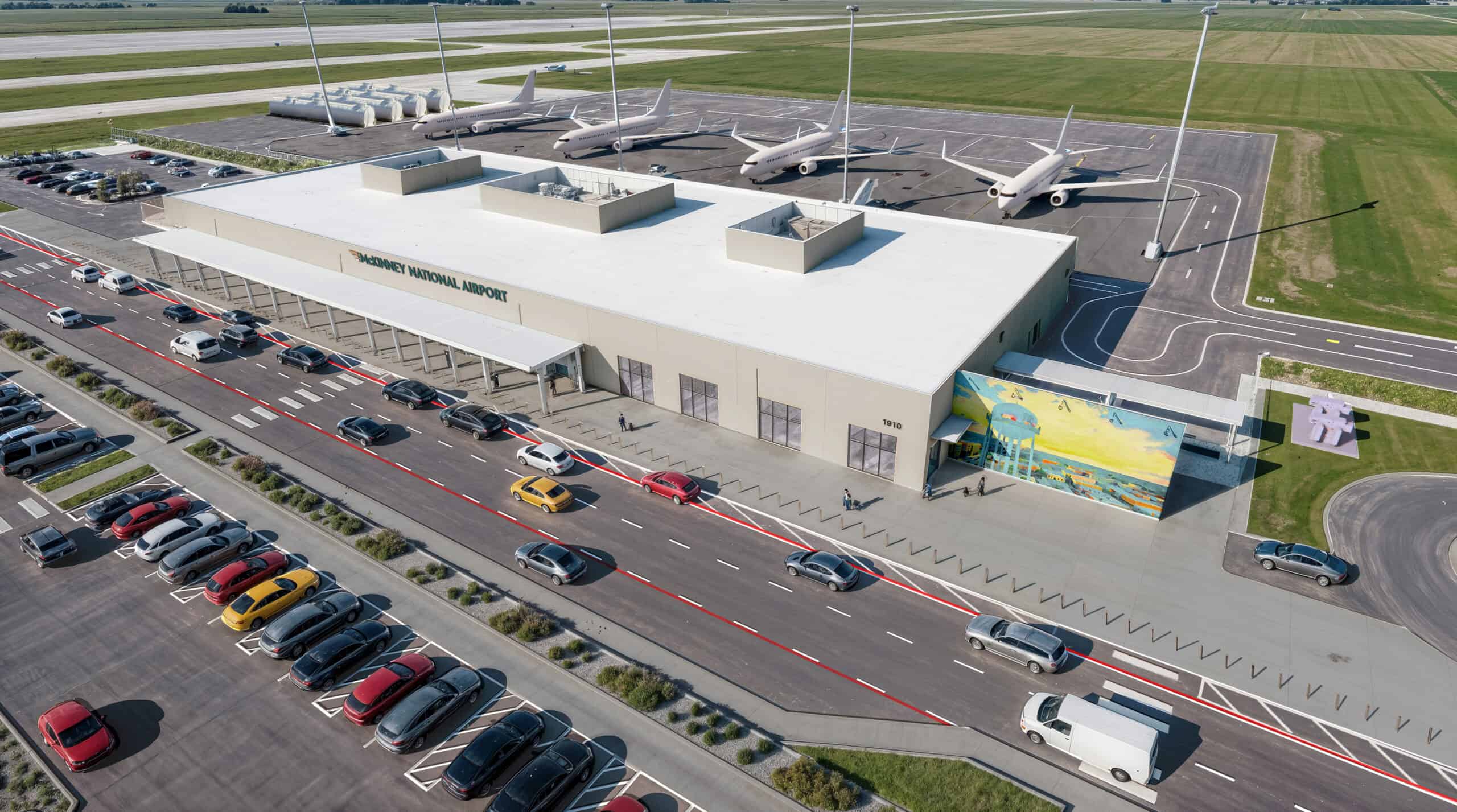 McKinney National Airport's new commercial terminal, exterior aerial view